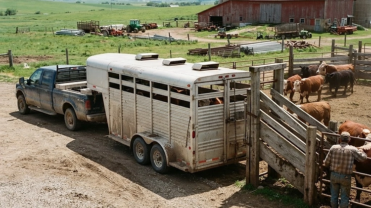 A gooseneck livestock trailer parked on a farm ready for loading cattle