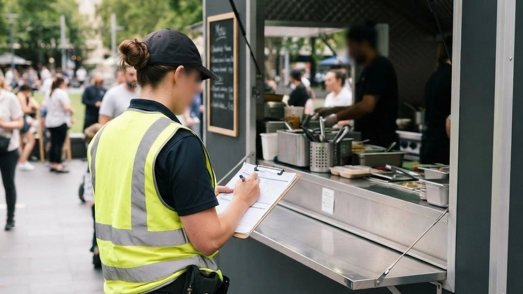 A health inspector reviewing paperwork next to a modern food vending vehicle.