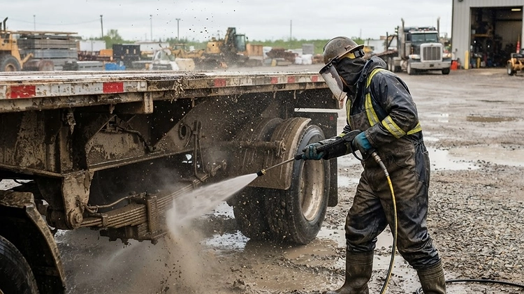 Technician pressure washing the undercarriage of a flatbed trailer