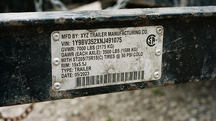 Trailer GVWR and Payload Formula A close-up of a trailer VIN sticker showing GVWR and curb weight