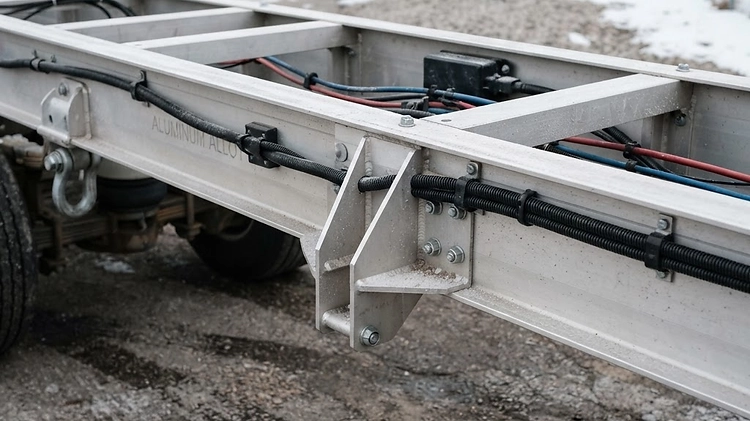 Structural frame detail comparing powder-coated steel chassis with a clean aluminum trailer rail on an active winter roadway