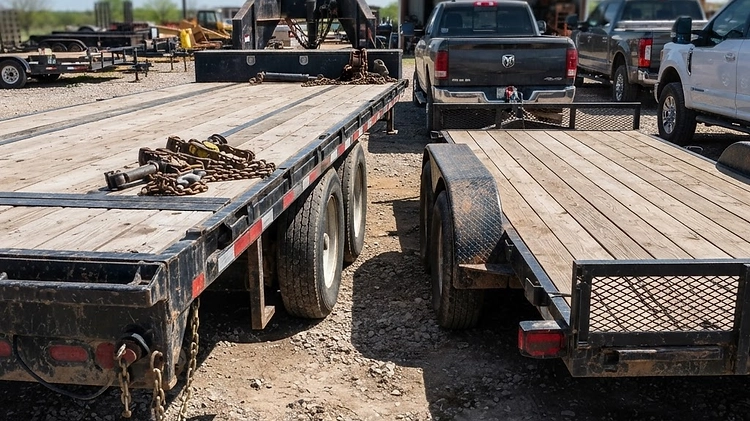 A side-by-side comparison of a deckover trailer and a standard flatbed trailer