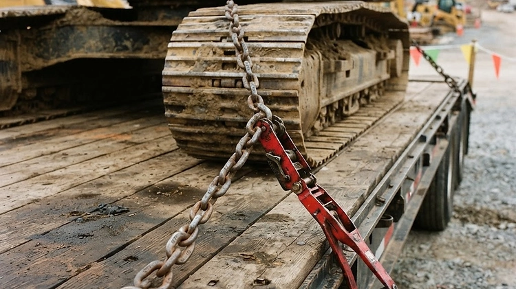 Grade 70 transport chains and ratchet binders securing heavy equipment on a deckover trailer