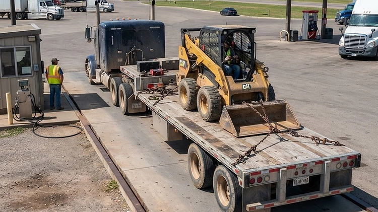 Trailer GVWR and Payload Capacity Guide A heavy-duty flatbed trailer loaded with construction equipment parked on a scale
