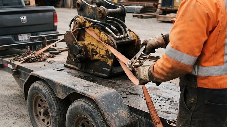 Heavy cargo being loaded onto the front half of a utility trailer.