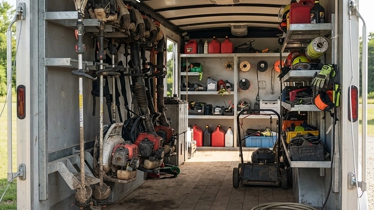 Enclosed Landscape Trailer Interior Setup The interior of an organized enclosed landscape trailer with shelving and racks
