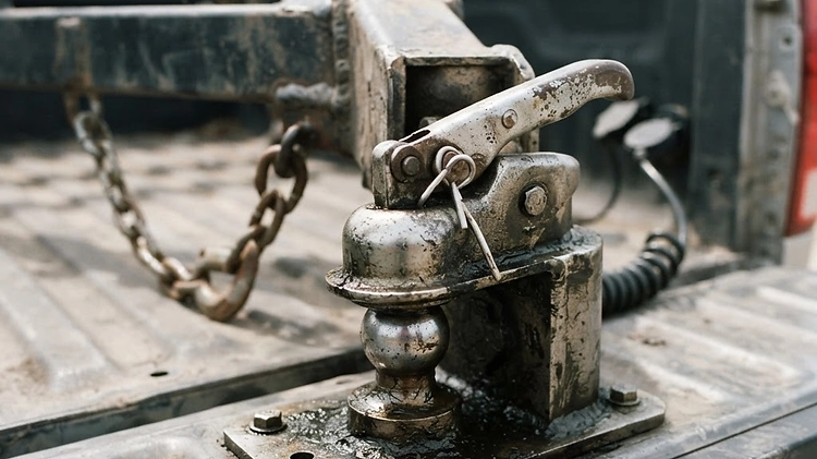 Close-up of a heavy-duty truck hitch and trailer tongue weight scale