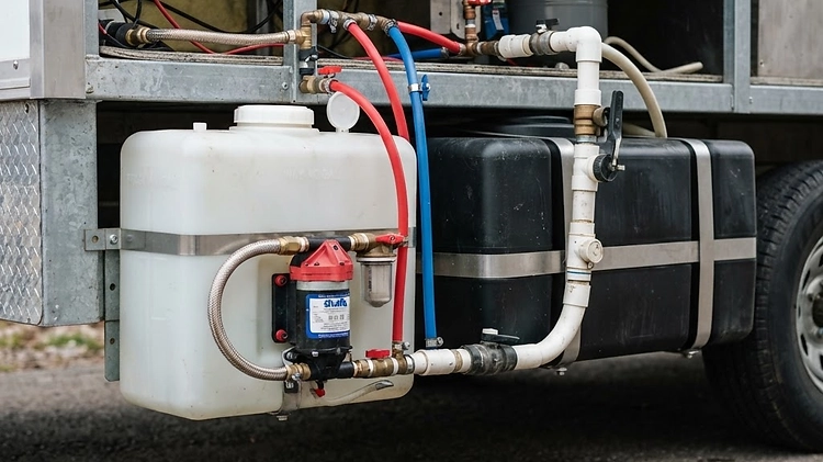 Food Trailer Water Tank Sizing Food trailer fresh water and gray water holding tanks installed under the chassis