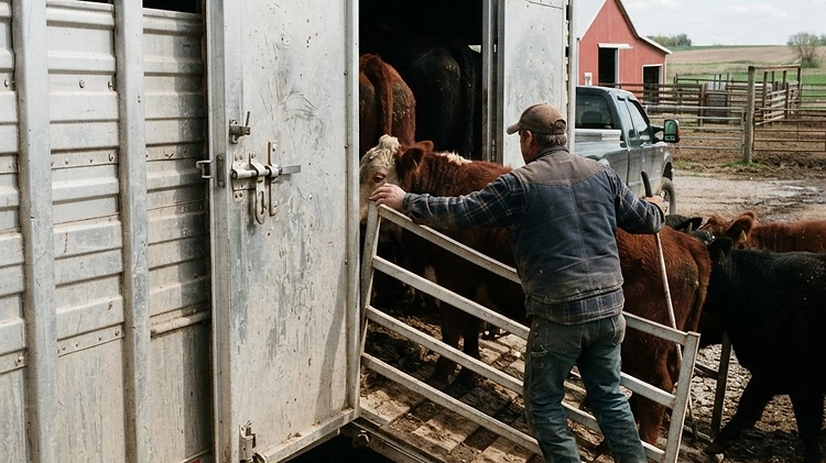 Cattle being loaded into the front compartment of a livestock trailer