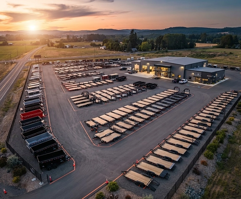 Prime Trail Trailers dealership lot at golden hour