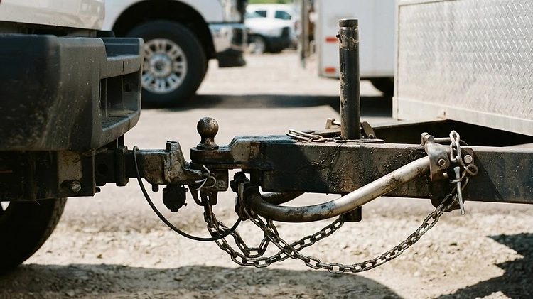 A heavy-duty truck towing an enclosed trailer using a weight distribution hitch system on a highway.