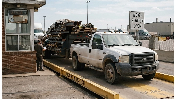 Truck and gooseneck trailer parked on a commercial weigh station scale