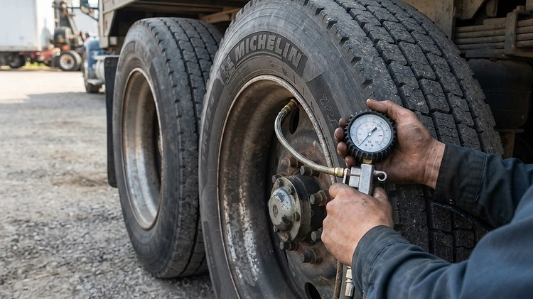 Mechanic checking the tire pressure on a dual tandem hotshot trailer.