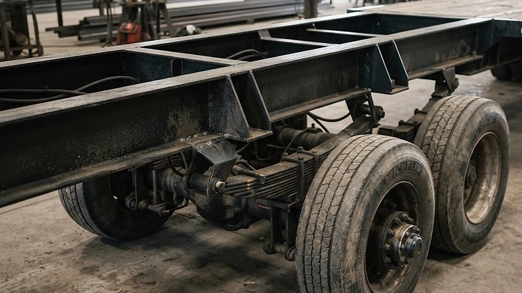 Heavy-duty structural steel I-beam frame and heavy axles on a commercial equipment trailer built for high impact machinery loads