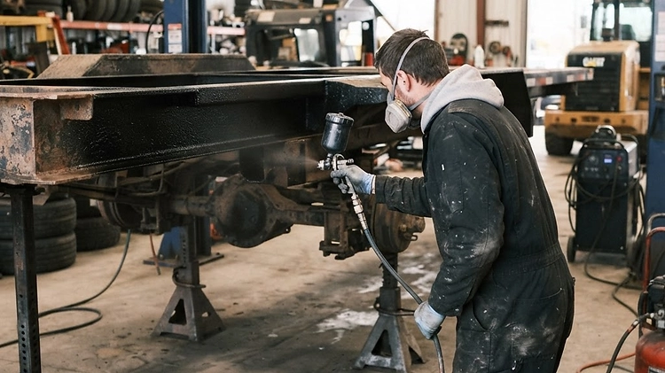 A professional applying rust prevention undercoating to a steel equipment trailer frame