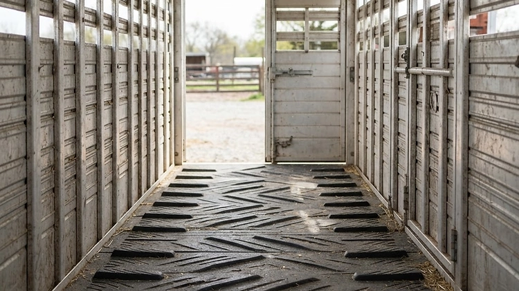 Interior view of a livestock trailer showing clean, textured composite flooring