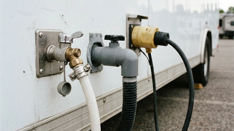 External water and power hookups on the side of a commercial food trailer.