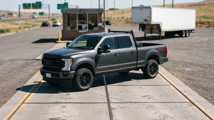 A pickup truck parked on a segmented weigh scale with the trailer detached