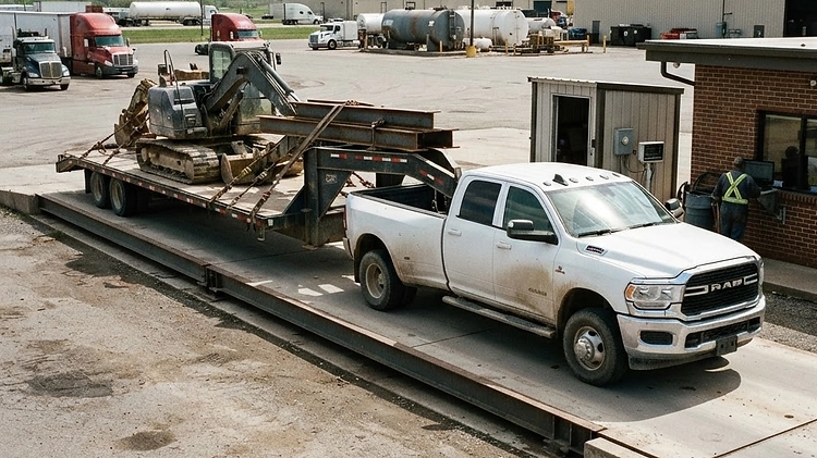 A heavy-duty pickup truck hitched to a loaded gooseneck trailer on a scale