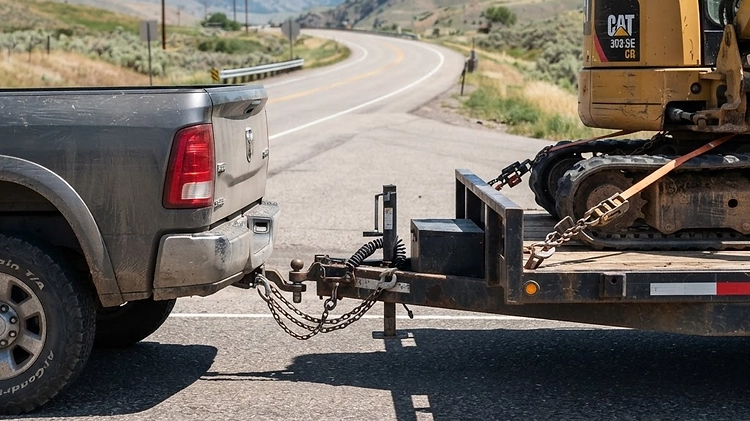 A heavy-duty truck towing a loaded equipment trailer on a highway