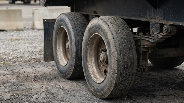Tandem axle trailer wheels on a commercial flatbed