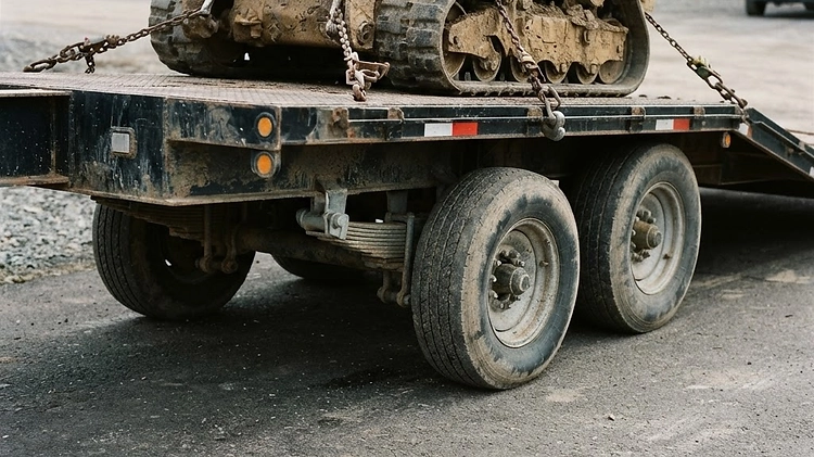 A heavy-duty equipment trailer loaded with a skid steer, demonstrating the need for a reliable brake controller.