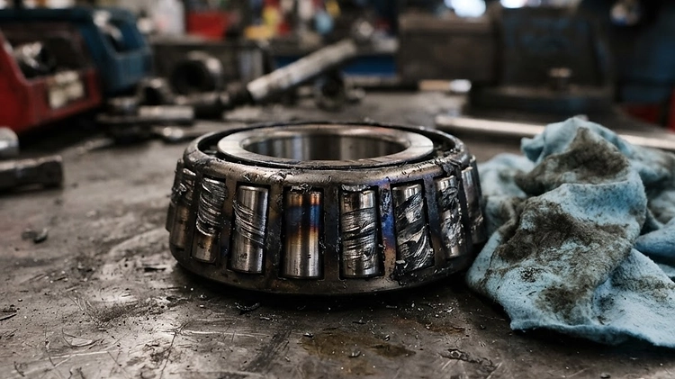Overheated and damaged trailer wheel bearing due to lack of grease