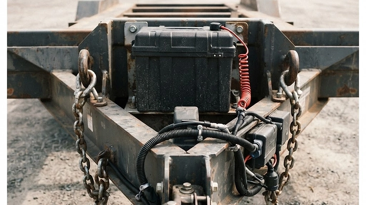 Commercial Trailer DOT Compliance DOT inspection sticker and safety chains on a commercial trailer
