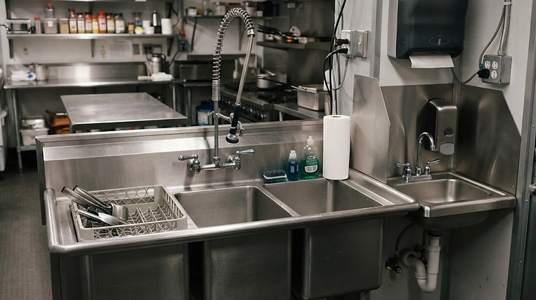 Detailed view of a food trailer's three-compartment sink and handwashing station.