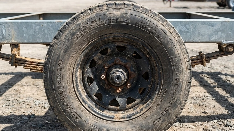 Close up of a heavy duty trailer tire showing the load range and PSI specifications on the sidewall