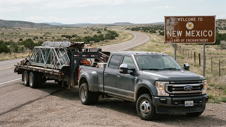A truck and trailer combination parked at a state border crossing sign