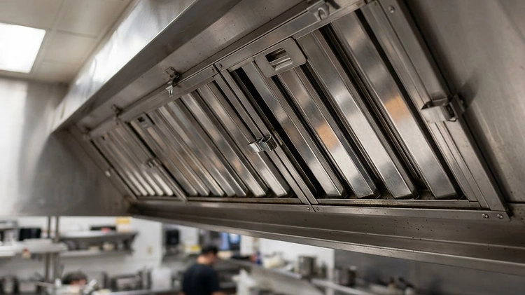 Close up of stainless steel baffle grease filters inside a food trailer exhaust hood.