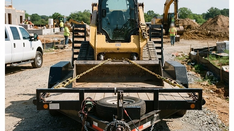 Properly loaded equipment trailer with a skid steer secured over the axles