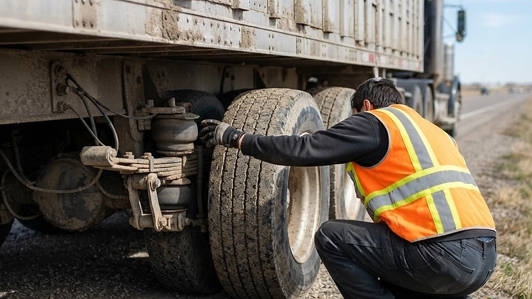 DOT inspector checking the brakes and suspension on a commercial livestock trailer