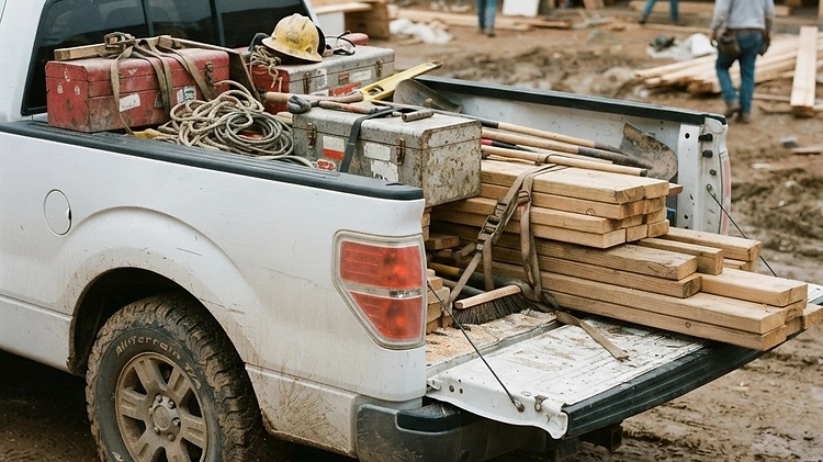 A truck bed loaded with construction materials and tools
