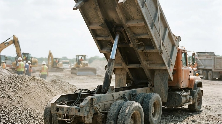 A heavy-duty dump trailer with the bed raised, showcasing the hydraulic lifting mechanism