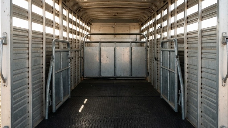 Interior view of a livestock trailer showing divider gates