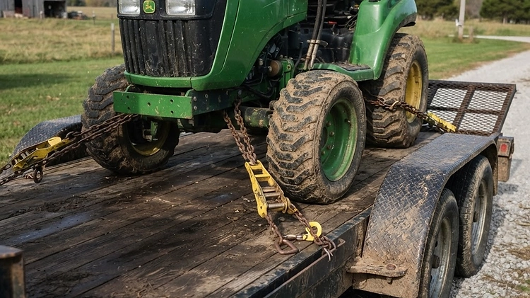 A standard flatbed trailer with a low deck positioned between the wheel fenders.
