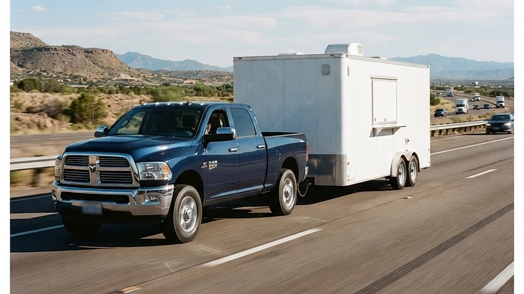 A heavy-duty pickup truck towing a large white concession trailer