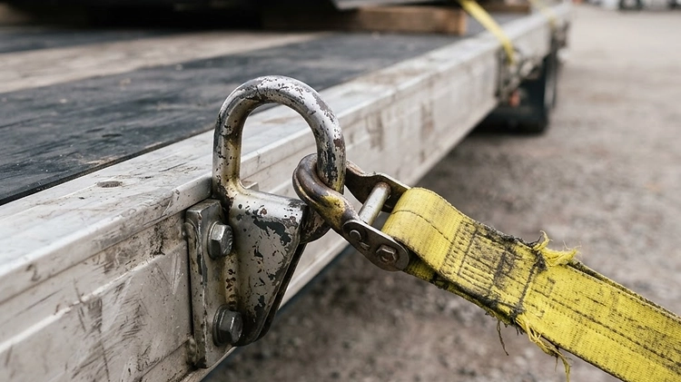 Close up of a heavy duty D-ring tie down point on a commercial flatbed trailer