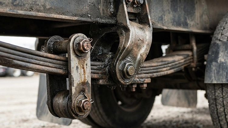 Close-up of a worn trailer leaf spring shackle and bushing needing replacement.
