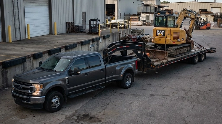 A non-CDL hotshot truck and trailer combination parked at a commercial loading dock