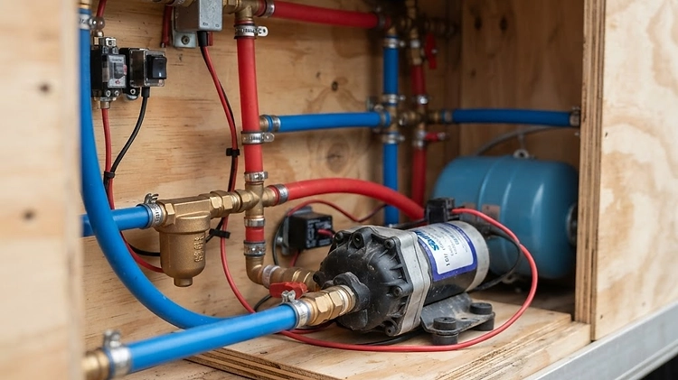 PEX plumbing lines and a water pump inside a concession trailer cabinet