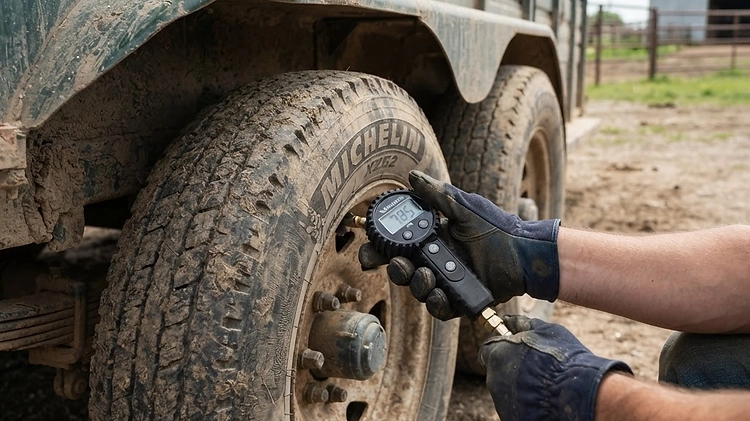 Close up of a person checking the tire pressure on a dual axle livestock trailer