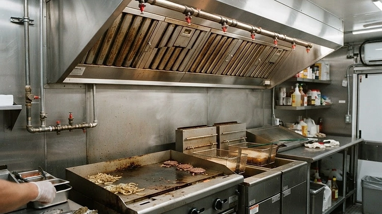 A stainless steel Type 1 commercial exhaust hood and fire suppression system installed inside a modern food trailer.