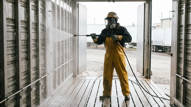 High-pressure washing and disinfecting the interior of a livestock trailer