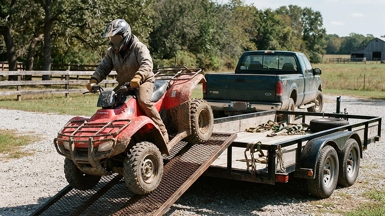 Loading ATV on Utility Trailer Loading an ATV onto a utility trailer using a rear ramp gate