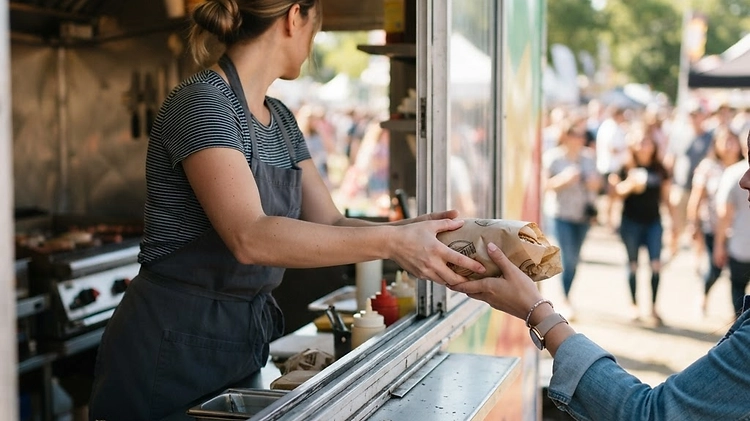 A concession trailer owner handing food to a customer through the serving window