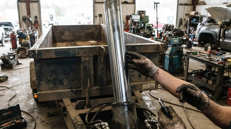 A mechanic inspecting a dump trailer hydraulic cylinder on a commercial job site
