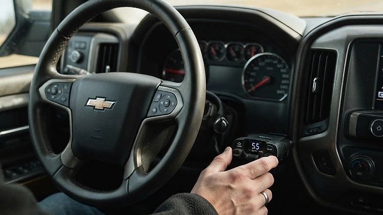 A person adjusting the gain setting on a trailer brake controller while seated in the driver's seat.